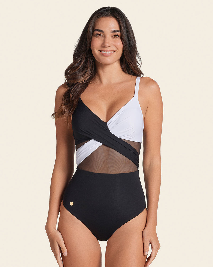Leonisa Contrast Detail One Piece Swimsuit with Slimming Compression