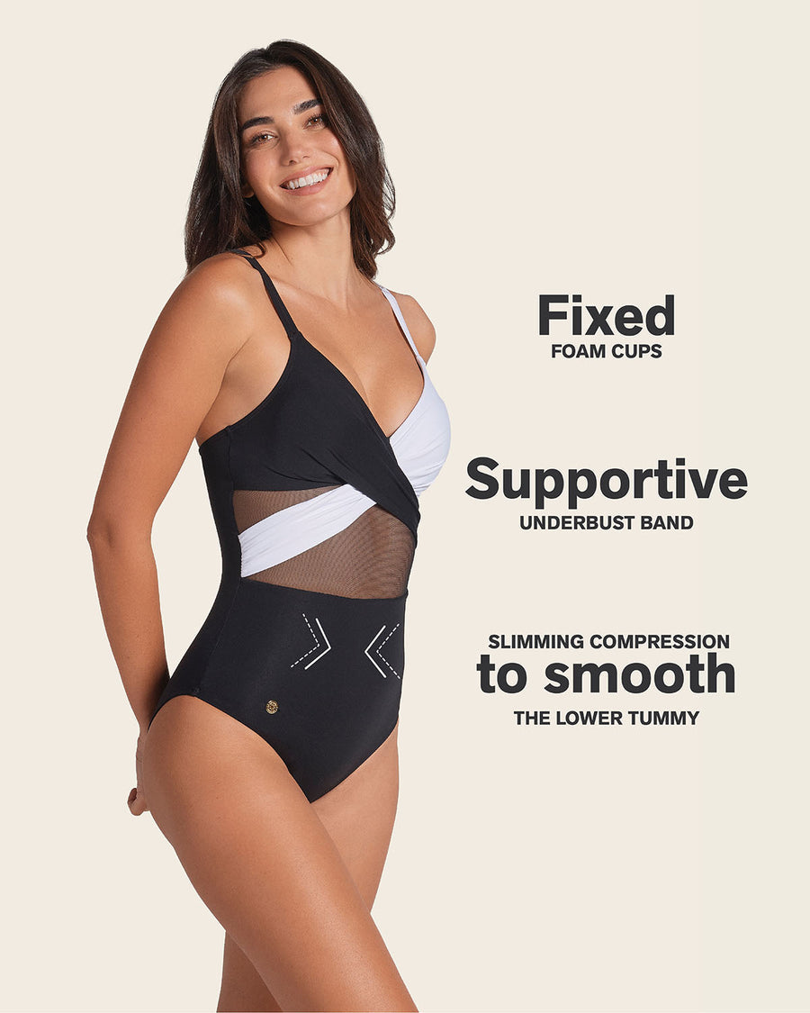 Leonisa Contrast Detail One Piece Swimsuit with Slimming Compression