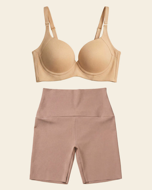 Leonisa High Profile Bra & PowerStay Short in Golden Beige and Brown