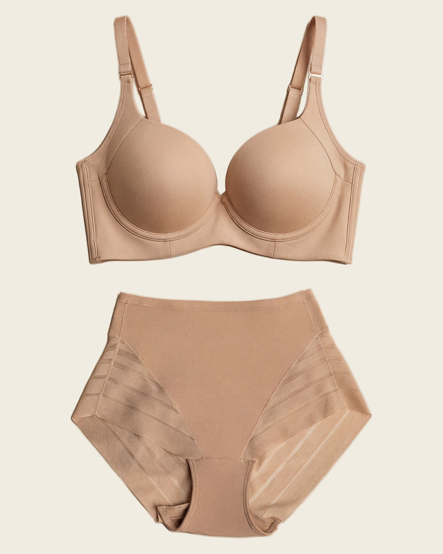 Leonisa High Profile Bra + Stripe Undetectable Panty in Golden Beige