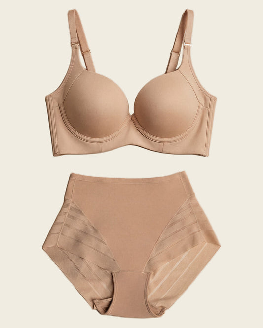 Leonisa High Profile Bra + Stripe Undetectable Panty in Golden Beige